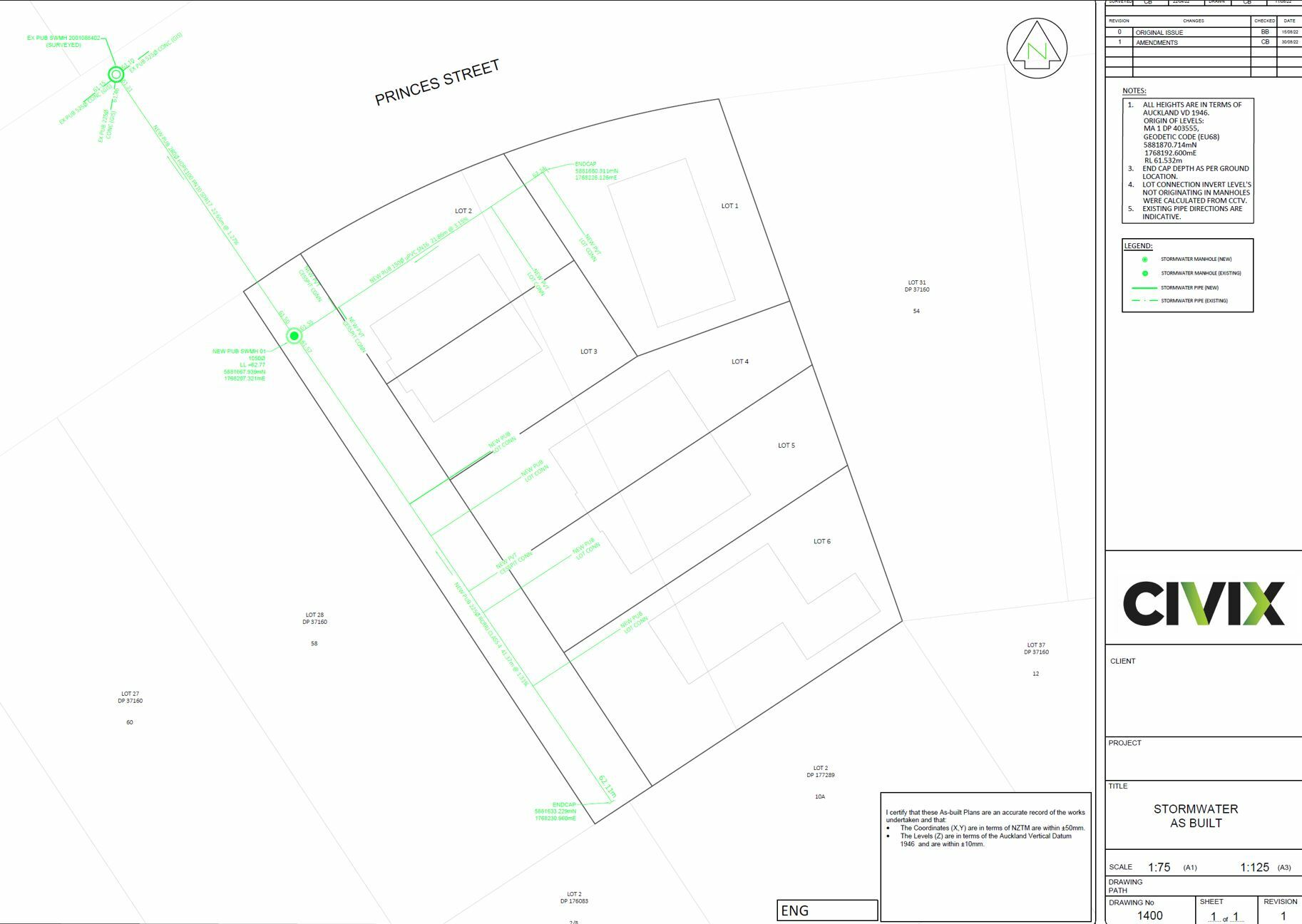 Civix stormwater as-built drawing with pipe routes, manholes and site layout