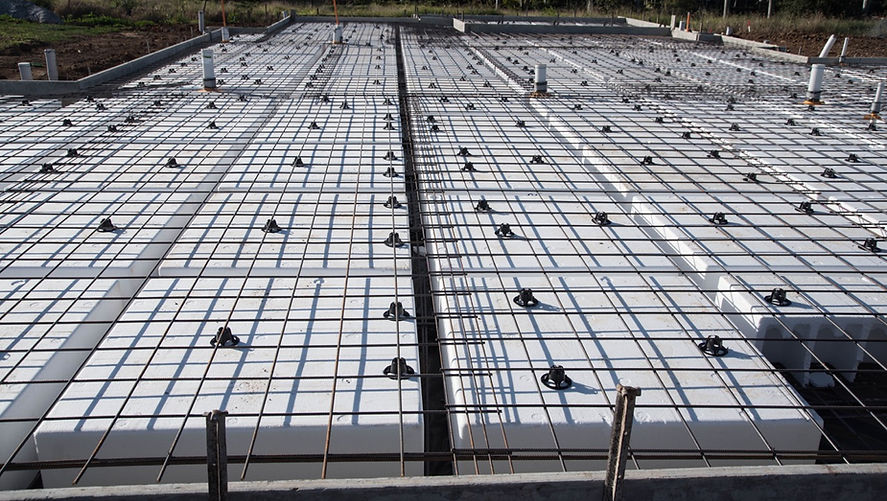 EPS foam ribraft pod slab preparation with pods, reinforcement mesh and spacers before concrete placement