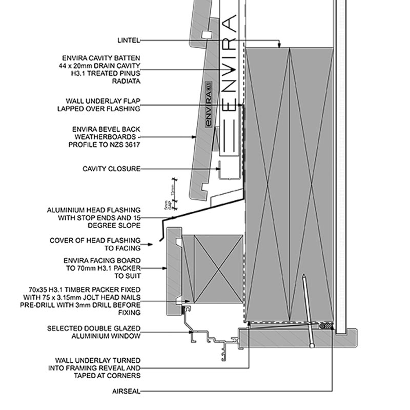 Niagara Envira cavity-fix window head detail with labelled flashing and cavity components
